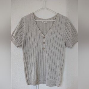 Gray Ribbed Knit V-Neck Top